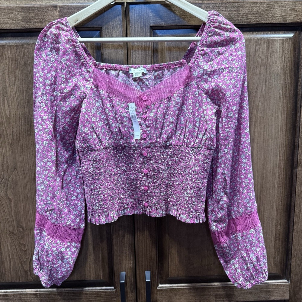 American Eagle Pink Floral Smocked Long‎ Sleeve Crop Top Women's Size Small NWT
